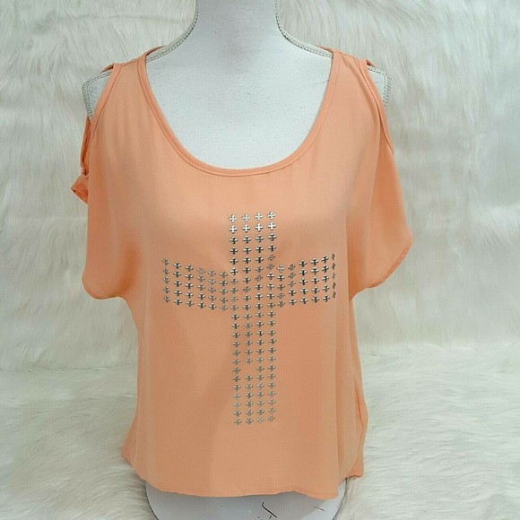 Shine On You Womens Top Large Orange Sheer Cold Shoulder Cross Hi Lo - Picture 1 of 12